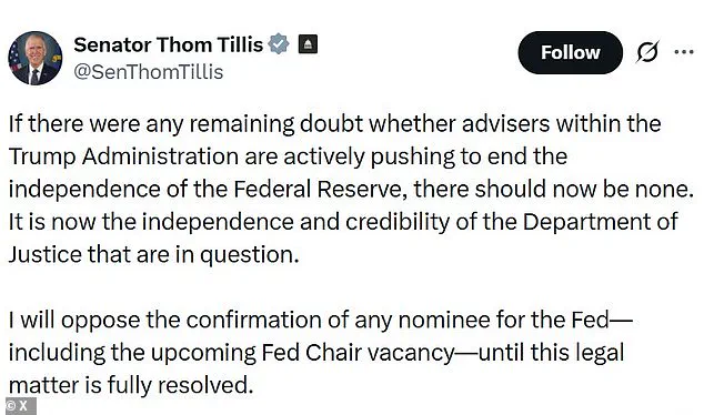 Rift in GOP as Tillis Condemns Fed Probe While Trump Dismisses Investigation and Attacks Powell