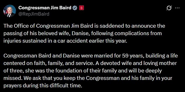 Devoted Wife of Indiana Congressman Jim Baird Dies After Tragic Car Accident; 59-Year Marriage Remembered