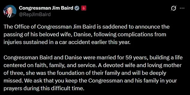 Devoted Wife of Indiana Congressman Jim Baird Dies After Tragic Car Accident; 59-Year Marriage Remembered