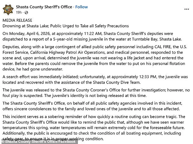 Five-Year-Old Dies in Shasta Lake After Not Wearing Required Life Jacket