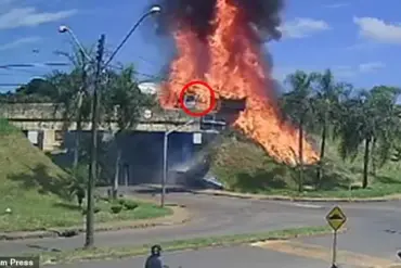 Daring Escape: Truck Driver's Death-Defying Leap From Burning Overpass