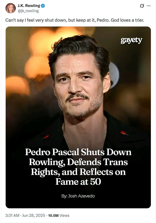 Public Feud Between J.K. Rowling and Pedro Pascal Intensifies Over Women's Rights and Transgender Inclusivity Debate